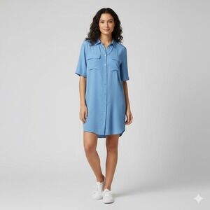 Equipment Blue Silk Short Sleeve Button Down Shirt Dress Size Medium